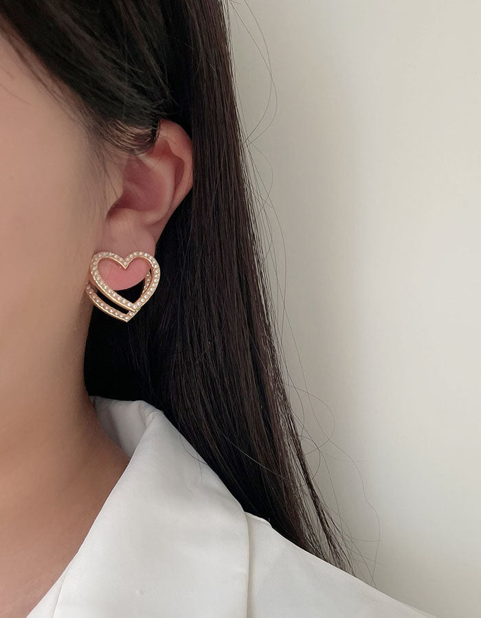 甜美雙層珍珠愛心耳環 - 925純銀針