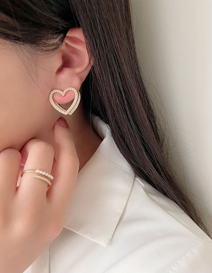 甜美雙層珍珠愛心耳環 - 925純銀針