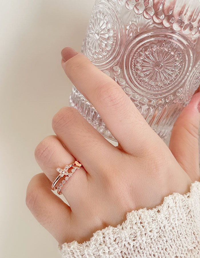 玫瑰金鑲鑽雙層蝴蝶戒指